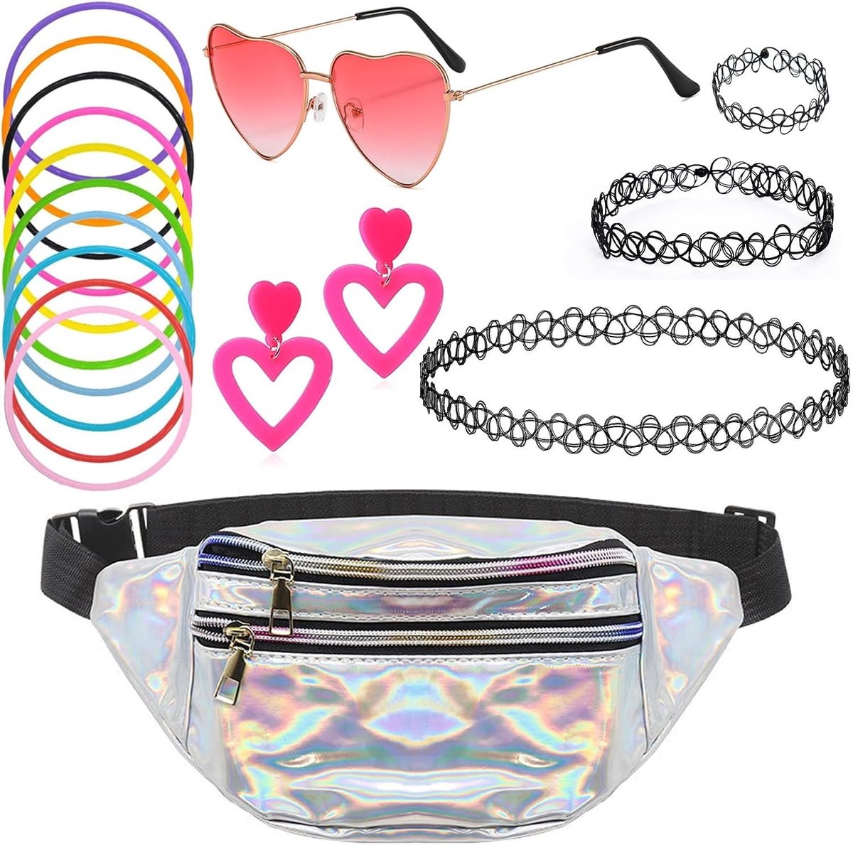 Stijlvolle 90s outfit voor vrouwen met 17 accessoires, inclusief heuptas, hartvormige brillen, en kleurrijke festival sieraden