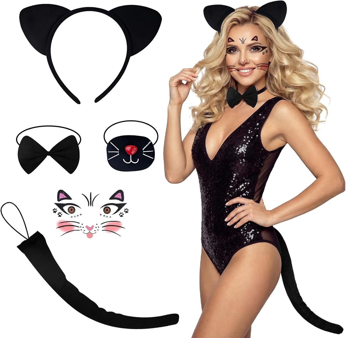 Vijfdelige set vrouwen kostuum met kattenoortjes, kattenstaart, masker, tattoos en accessoires voor cosplay en feestdagen