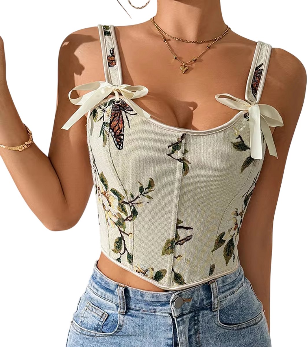 Sexy Retro Corset Crop Top voor Dames met Bloemenprint – Vintage Look, Dubbele Bandjes & Flatterende Pasvorm - Abrikoos - Maat S