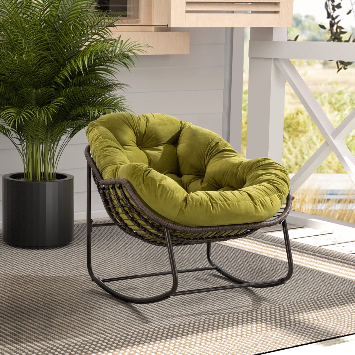HAUSS SPOLE Schommelstoel - Handgeweven Rotan Fauteuil - Voor Tuin Terras En Woonkamer - Met Zacht Kussen - Metaal En Rotan - Olijfgroen
