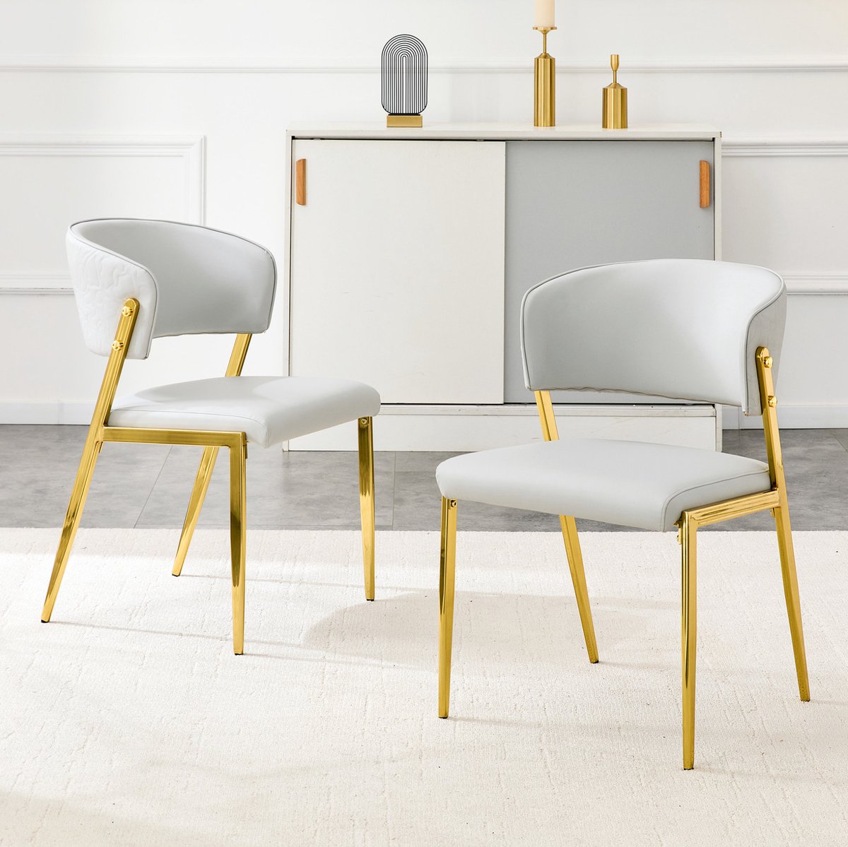 Moderne Eetkamerstoel Set Van 2 - Gevoerde Zit En Rugleuning Met Metalen Frame - Voor Eetkamer, Woonkamer En Kantoor - Lichtgrijs PU