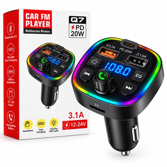Émetteur FM Atlantic noir avec éclairage LED multicolore, écran "108.0", ports USB-A et USB-C.