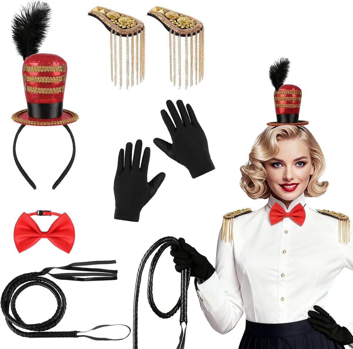 Circus Kostuum Accessoires voor Vrouwen – Mini Top Hat, Hoofdband, Gouden Franje, Valse Leren Handschoenen en Meer voor een Spectaculaire Show