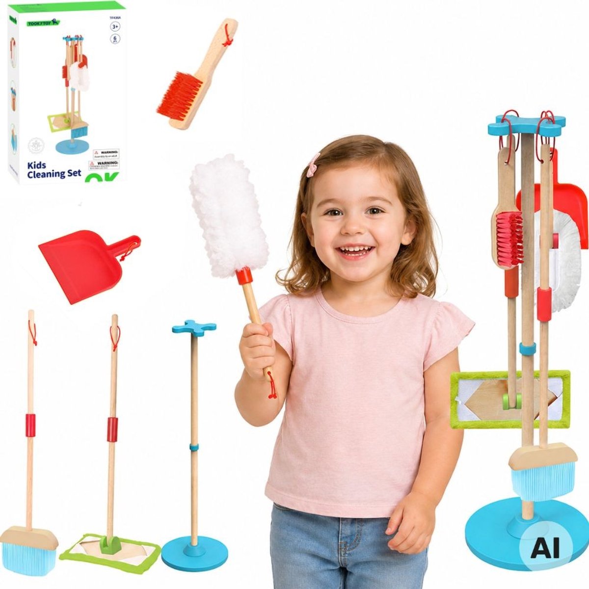 Tooky Toy houten schoonmaakset voor kinderen 6-delig. - UNI
