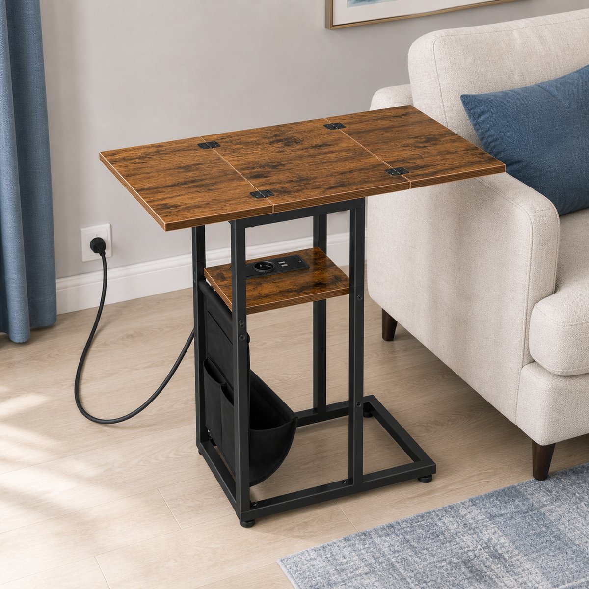 Trankielo C-vormige bijzettafel met laadstation - Opvouwbare snacktafel - Vintage bruin en zwart - Robuust ontwerp Vintage bruin + zwart