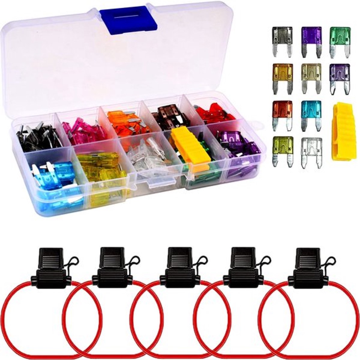 Dailygoody - 120 Mini Auto Fuses 5 Fuse Holders - 2A t/m 35A - Voor Auto, Motor en