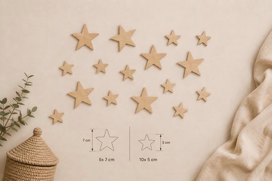 WWC- Wanddecoratie kinderkamer - Houten sterren – Set van 15 - natuurlijk hout — afbeelding 3
