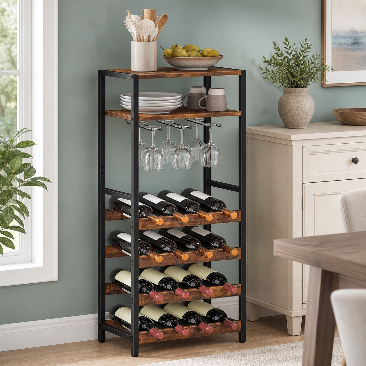 TRANKIELO® - Vrijstaand wijnrek voor 16 flessen – Robuust design – Tafelblad en wijnglashouder – Ideaal voor keuken en bar
