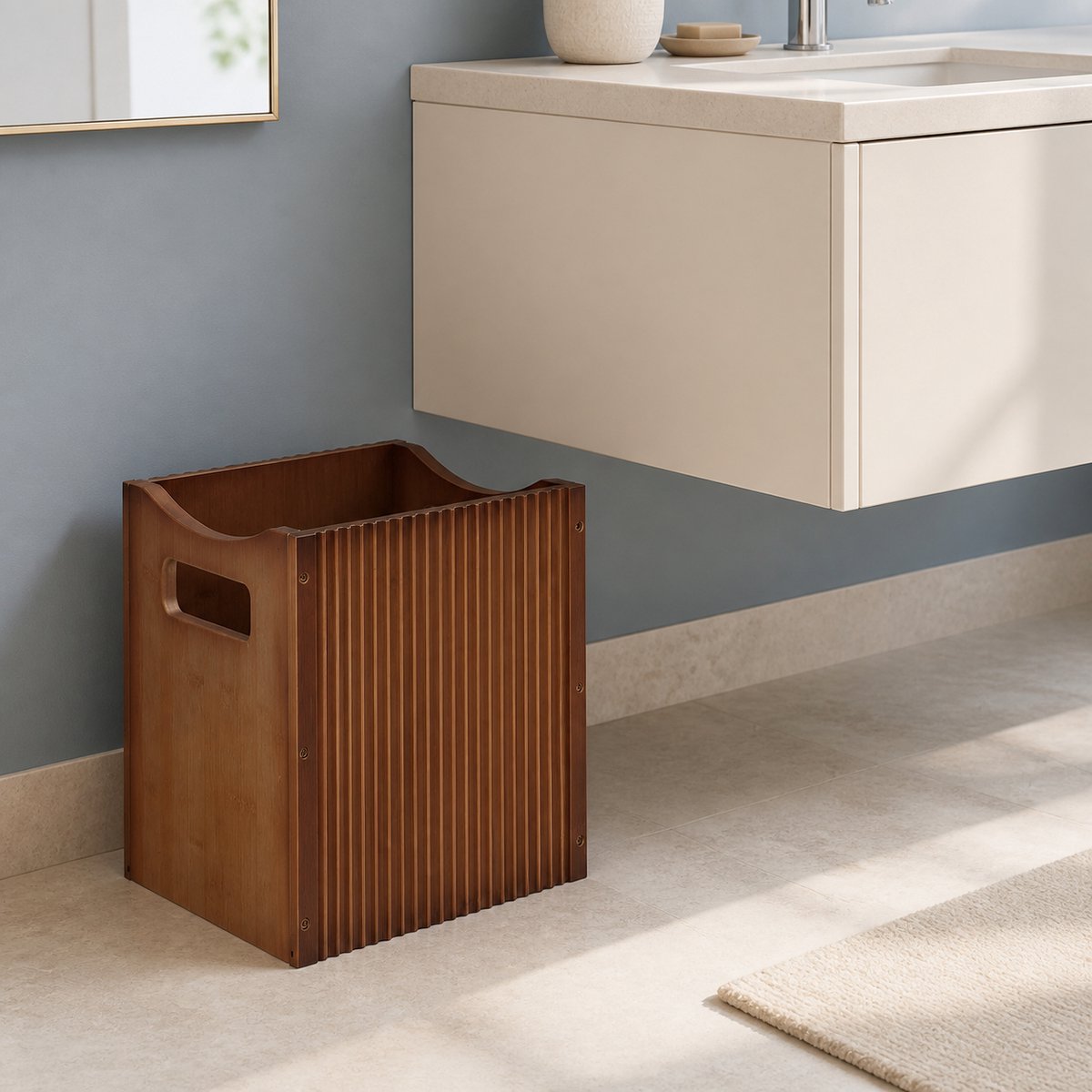 TRANKIELO® - Elegante Bamboe Prullenbak 30 x 25 x 33 cm – Compacte Afvalbak voor Badkamer, Kantoor en Slaapkamer