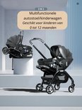 Zwarte multifunctionele 3-in-1 autostoel/kinderwagen, geschikt voor 0-12 maanden, getoond als autostoel en kinderwagen.