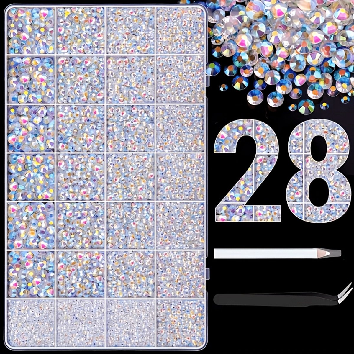 Currero Bedazzle Kit - Bedazzling - Plakstenen - Strass Steentjes - DIY Versieren - Set Met 18.000 Steentjes - 28 Vakken - Nagel Decoratie - Met Pincet En Applicator - Nude AB