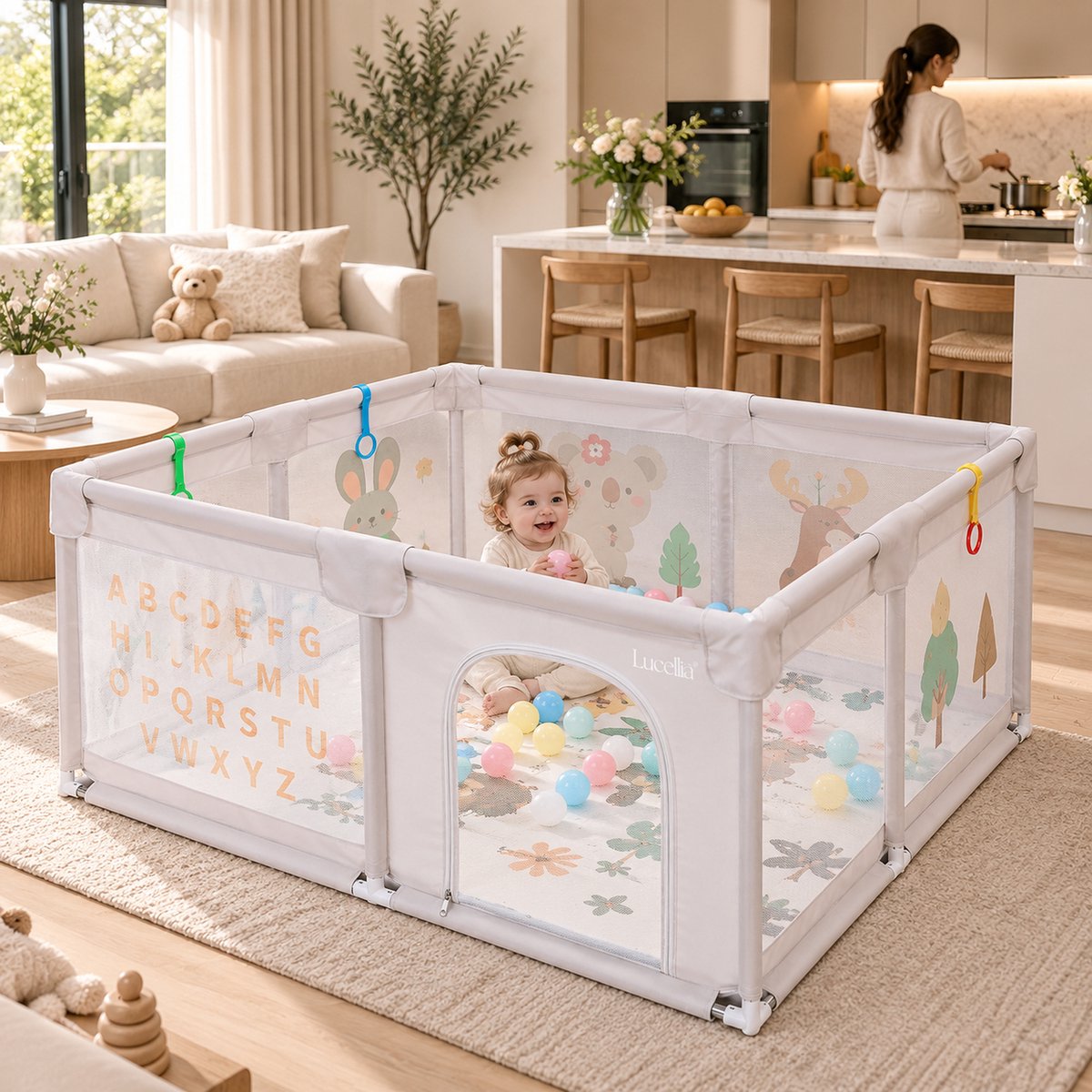 Lucellia® Grondbox Baby 120x160 cm met Dierenprint – Speelbox met Speelmat & 30 Speelballen – Kinderbox, Playpen & Baby Box – Draagtas – Beige – foto 2