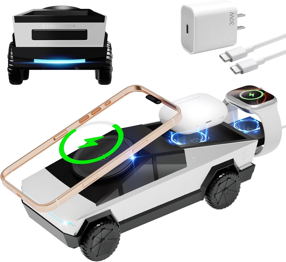 3-in-1 Qi2 Draadloos Laadstation, 15W Magnetische Snellader met Cybertruck-geïnspireerd Design, Geschikt voor iPhone, Apple Watch en AirPods, StandBy-ready met Sfeerverlichting（Zonder Voedingsadapter）-Zilver