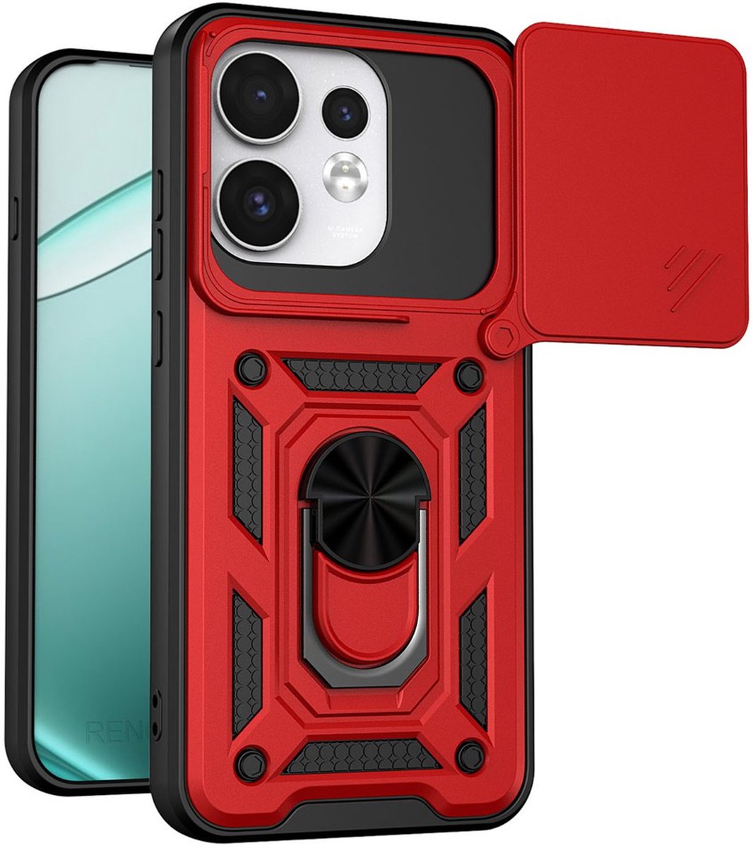 MobyDefend Hoesje - Geschikt voor Oppo Reno16 / 16 Pro - Pantsercase Met Draaibare Ring - Rood