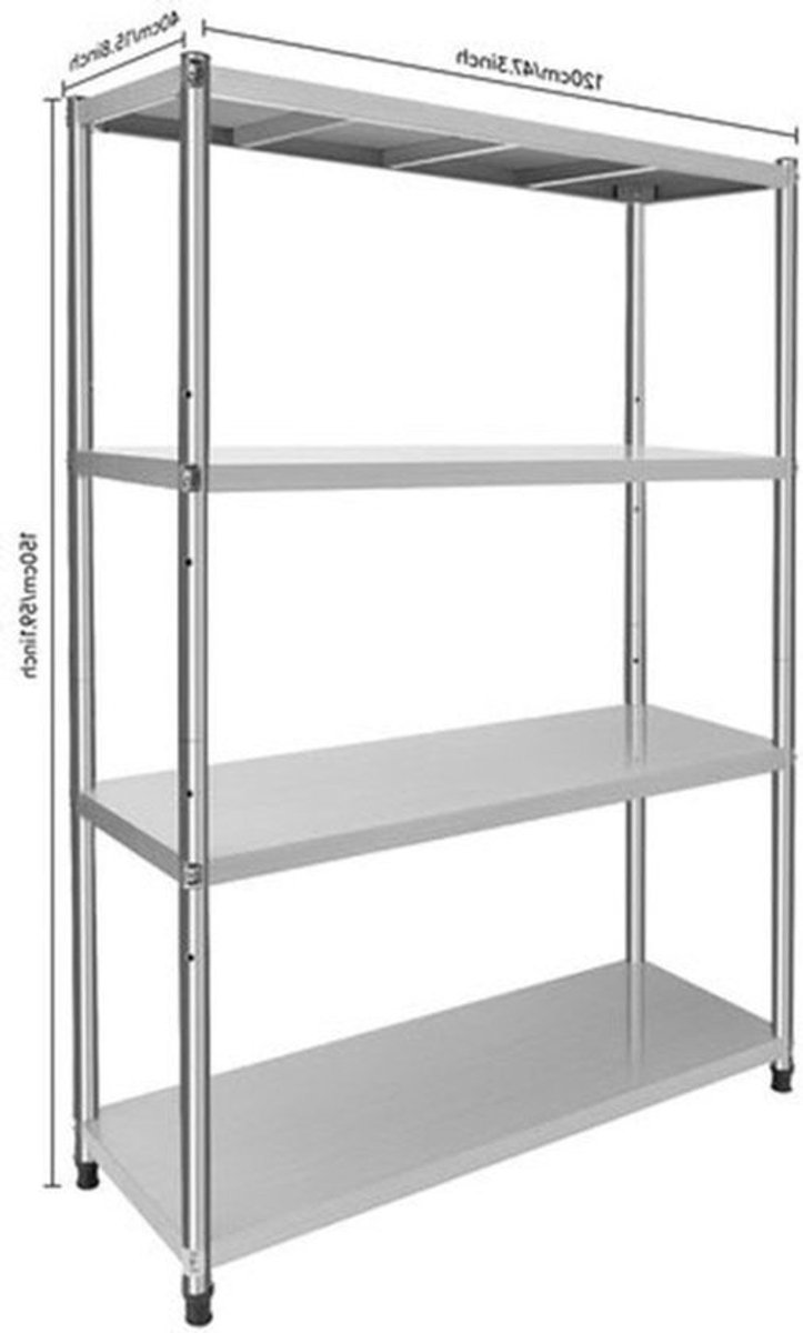 Stalenschap – Opbergrek – Rek – Wandrek – Stelling – 4-Laags Roestvrijstaal – Verstelbare Plankhoogte – 50 KG Draagkracht per Plank