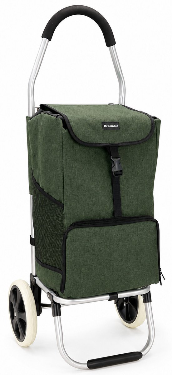 Dreamble® - Extra Luxe Boodschappentrolley - Donkergroen - Extra Hoog (103cm) en groot (53L) - Ingebouwd Koelvak - Dikke stevige tas - Extra grote wielen - 2 ophanghaken - Steekwagenfunctie(60kg) - Opvouwbaar - Lichtgewicht - 4 vakken - Waterdicht