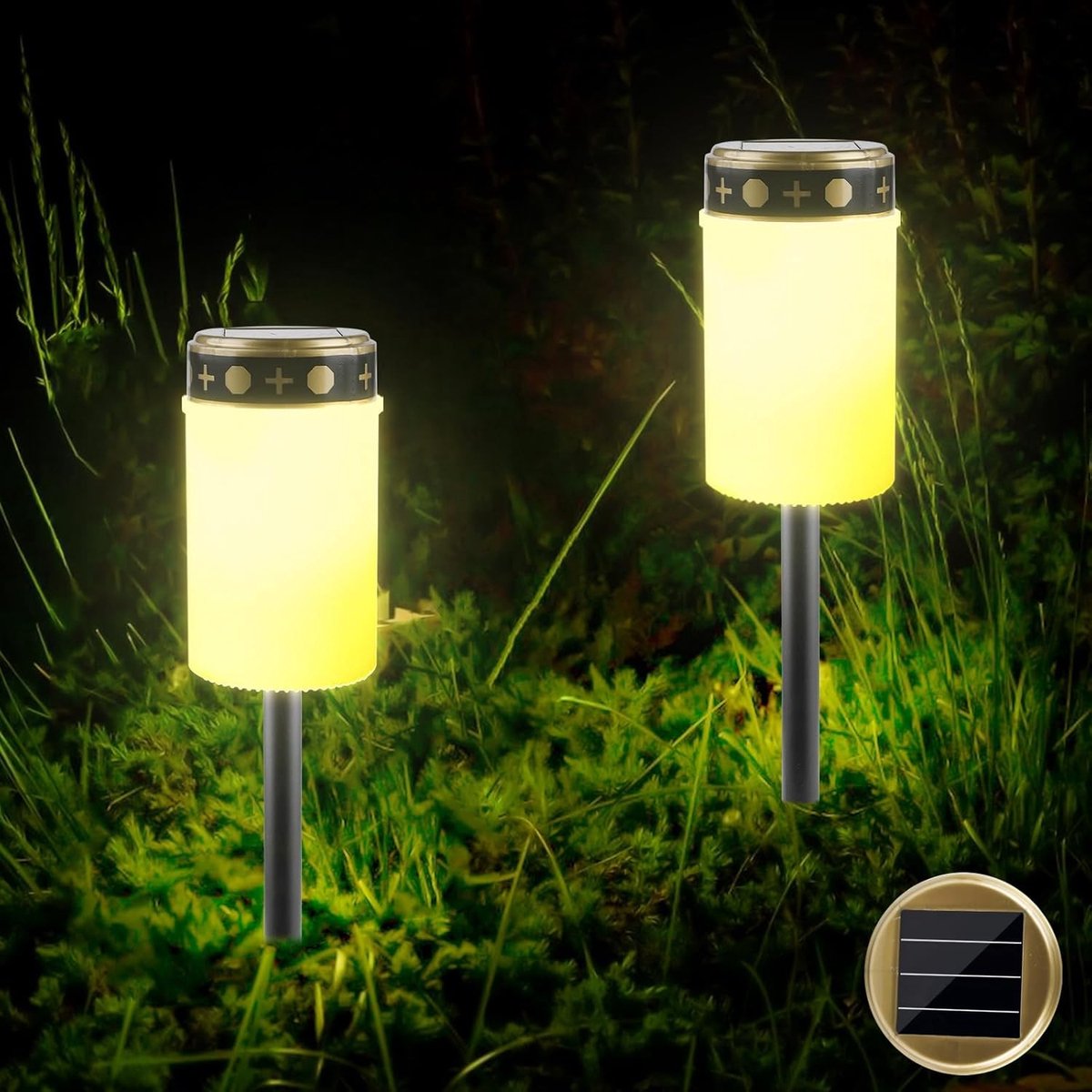 Set van 2 graflampen: zonne-energie grafverlichting, LED lampen met lichtsensor, waterdicht en met grondpen, 7 x 12 cm