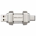 Zilverkleurige MillionShine 2-in-1 USB-stick, met de USB-A en USB-C aansluitingen naast elkaar.