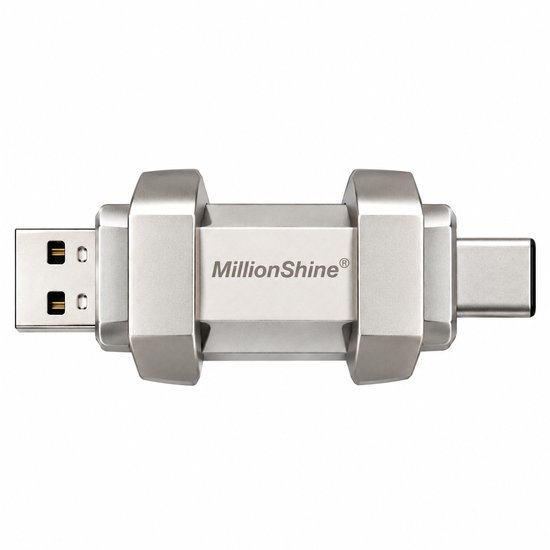 Zilverkleurige MillionShine 2-in-1 USB-stick, met de USB-A en USB-C aansluitingen naast elkaar.
