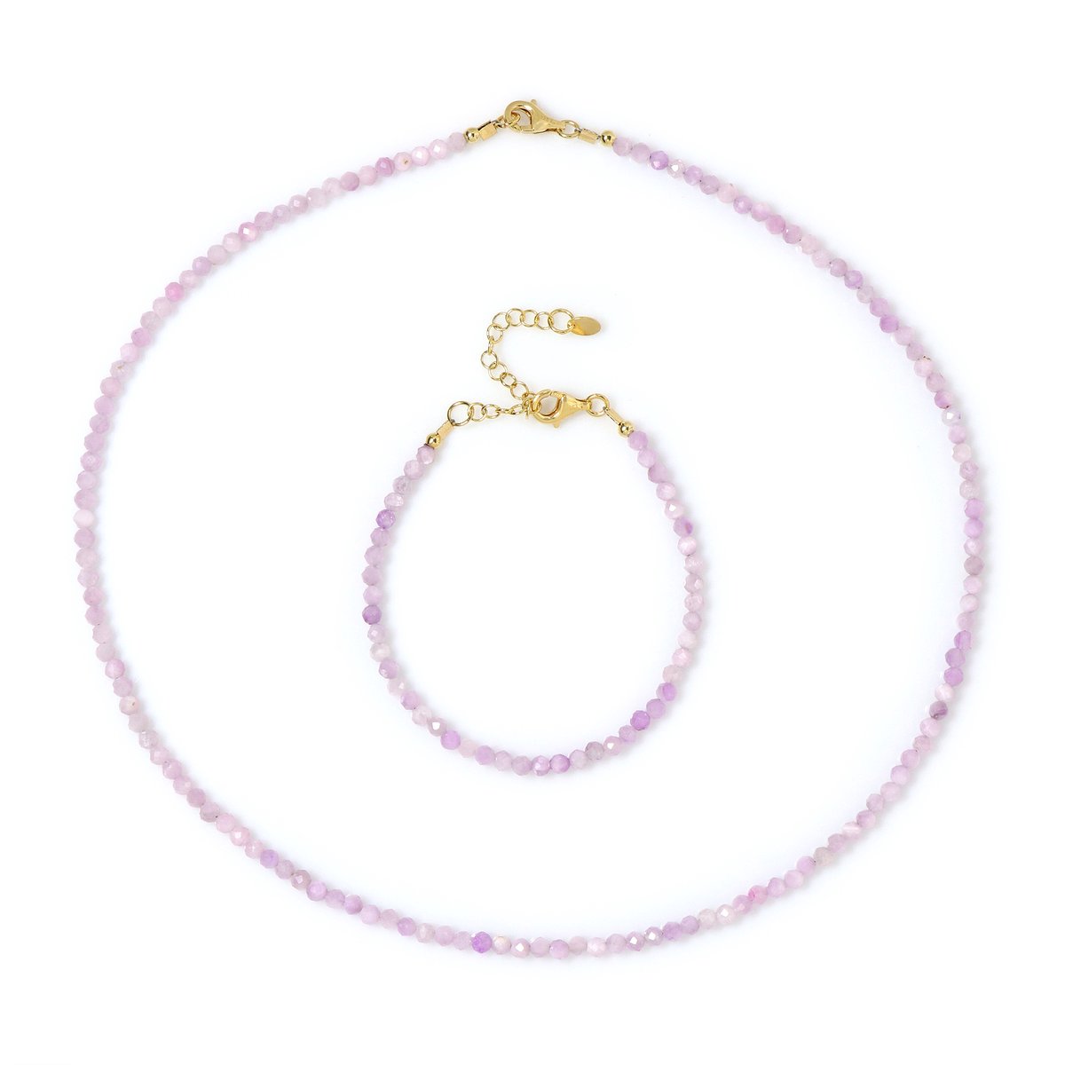 Cavill - 925 Sterling Zilver Verguld - Zilveren Sieradenset met Kunziet Ronde Kralen 47,196 ct - Verstelbare Ketting & Armband - Elegant Pastel