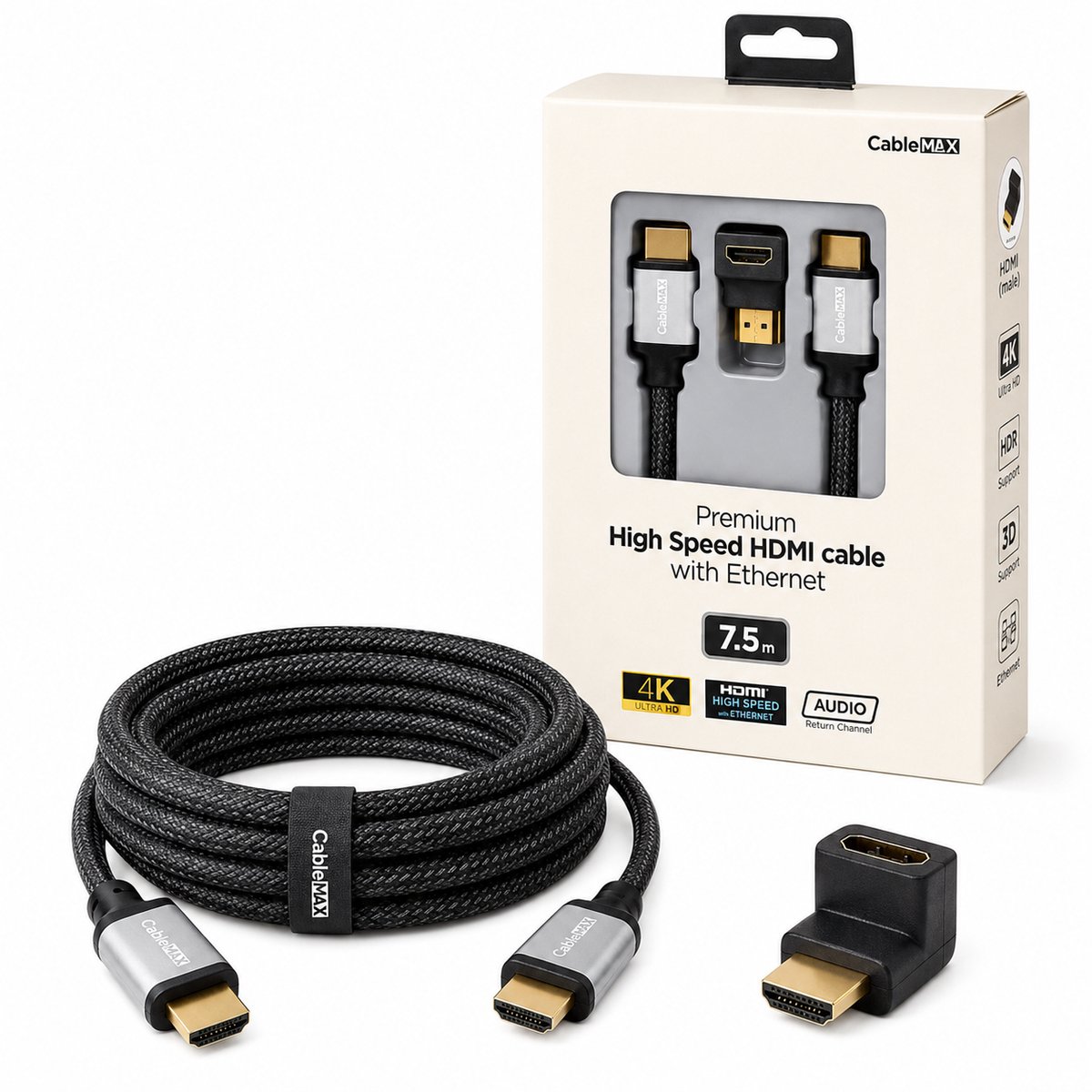 CableMax HDMI-kabel 7,5 m - 4K Ultra HD - High Speed met Ethernet - Hoekadapter