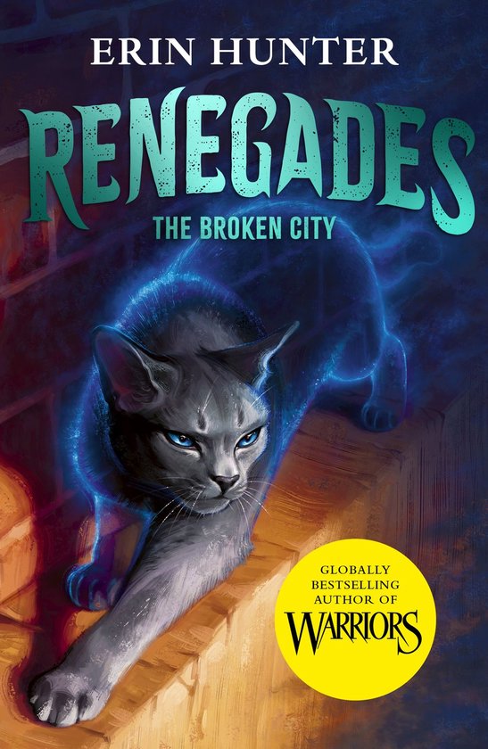 Boekcover van 'Renegades: The Broken City' met een grijze kat met blauwe ogen, omgeven door blauwe gloed.