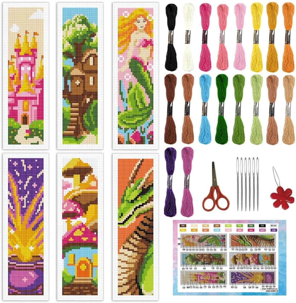 Set van 6 Fairytale Elementen Borduur Bookmark Kits voor Beginners - DIY Zeemeerminnen en Kasteel Design, Inclusief Instructies en Creatieve Boekmarkering