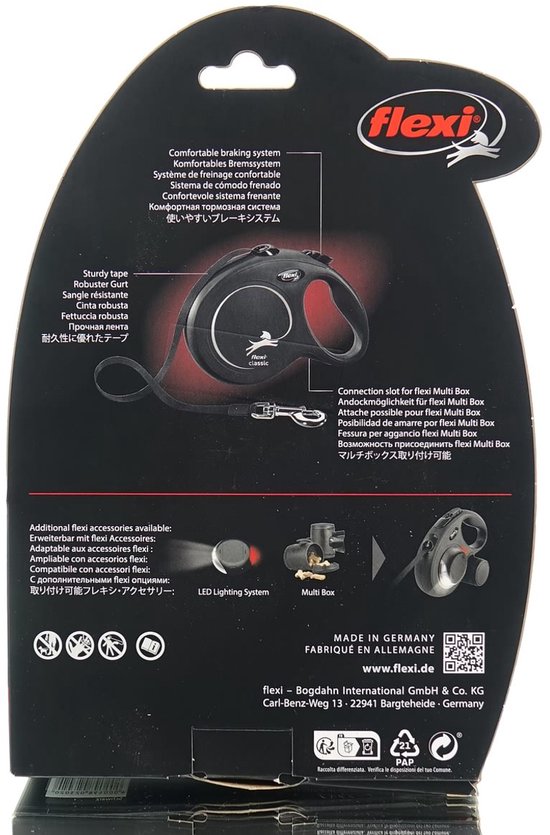 Emballage d'une laisse Flexi Classic L avec un ruban de 8m, système de freinage confortable, Made in Germany.