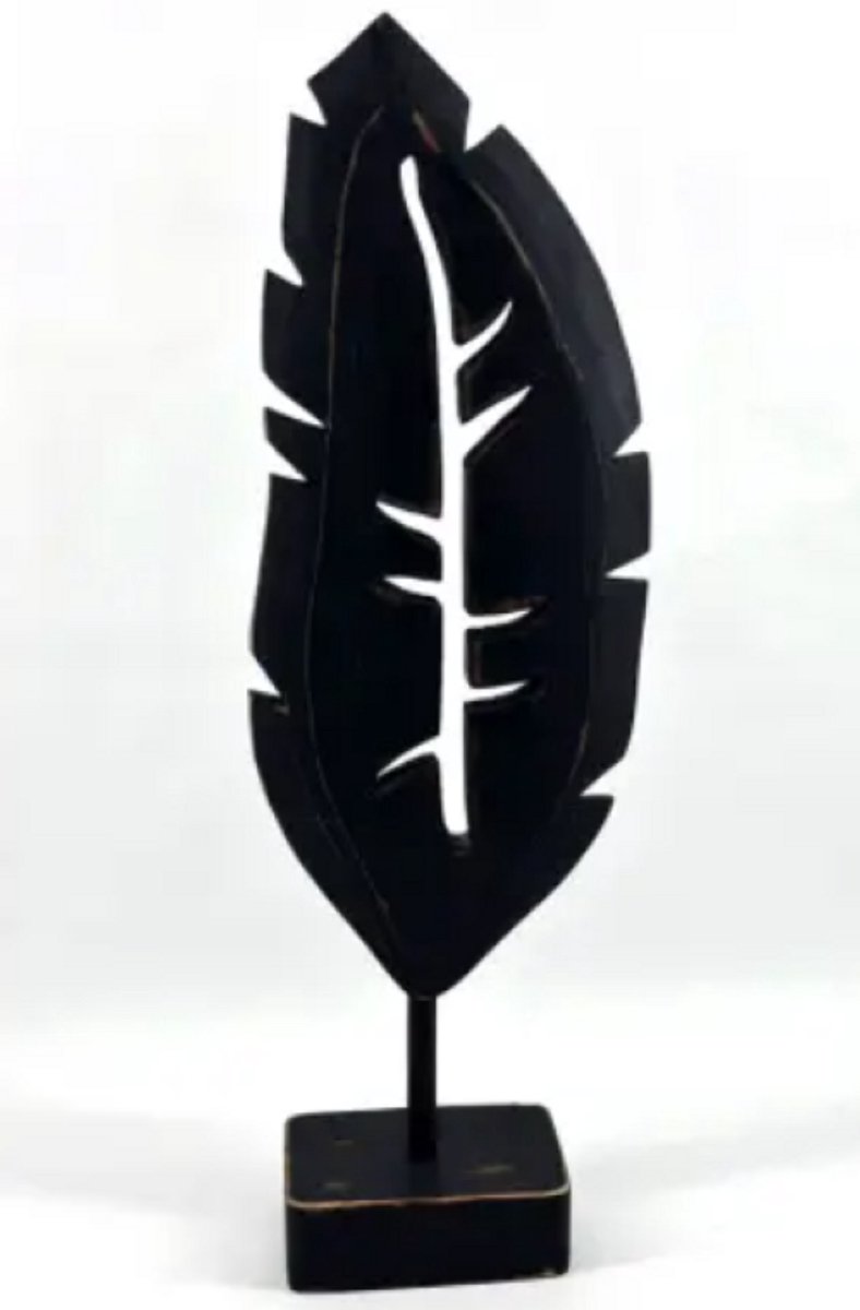 Houten blad gekarteld - op voet - 50x17 cm - black wash - hout - ornament - beeld - silhouette - woodart