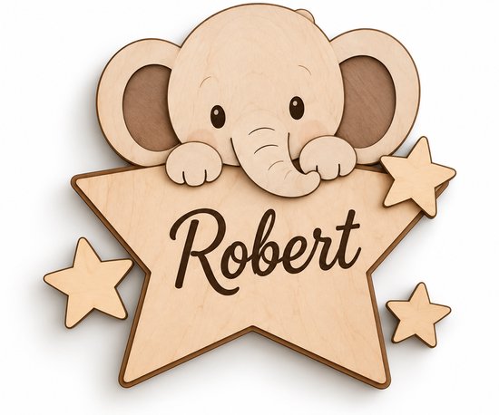 Gepersonaliseerde Houten Olifant met Naam 30 x 30 cm - Houten Ster met Gegraveerde Naam - Babykamer Decoratie - Kinderkamer Muurdecoratie - Persoonlijk Kraamcadeau - Geboortecadeau - Naamdecoratie — afbeelding 2