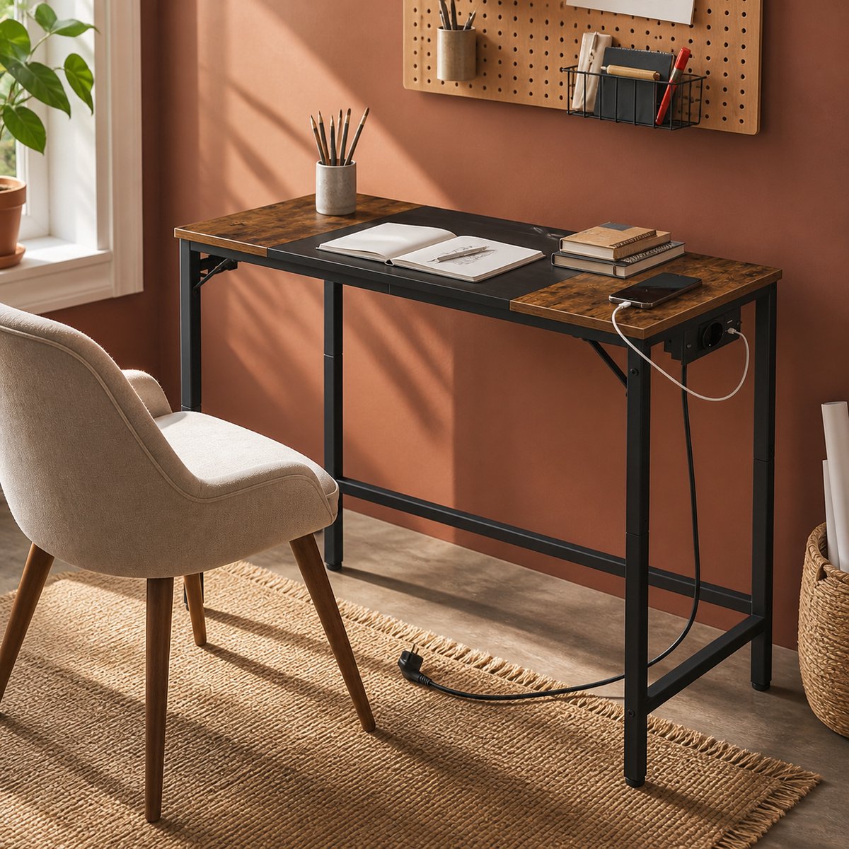 TRANKIELO® - Bureau met laadstation - Industrieel ontwerp - Metalen frame - Compacte computertafel voor thuis en kantoor