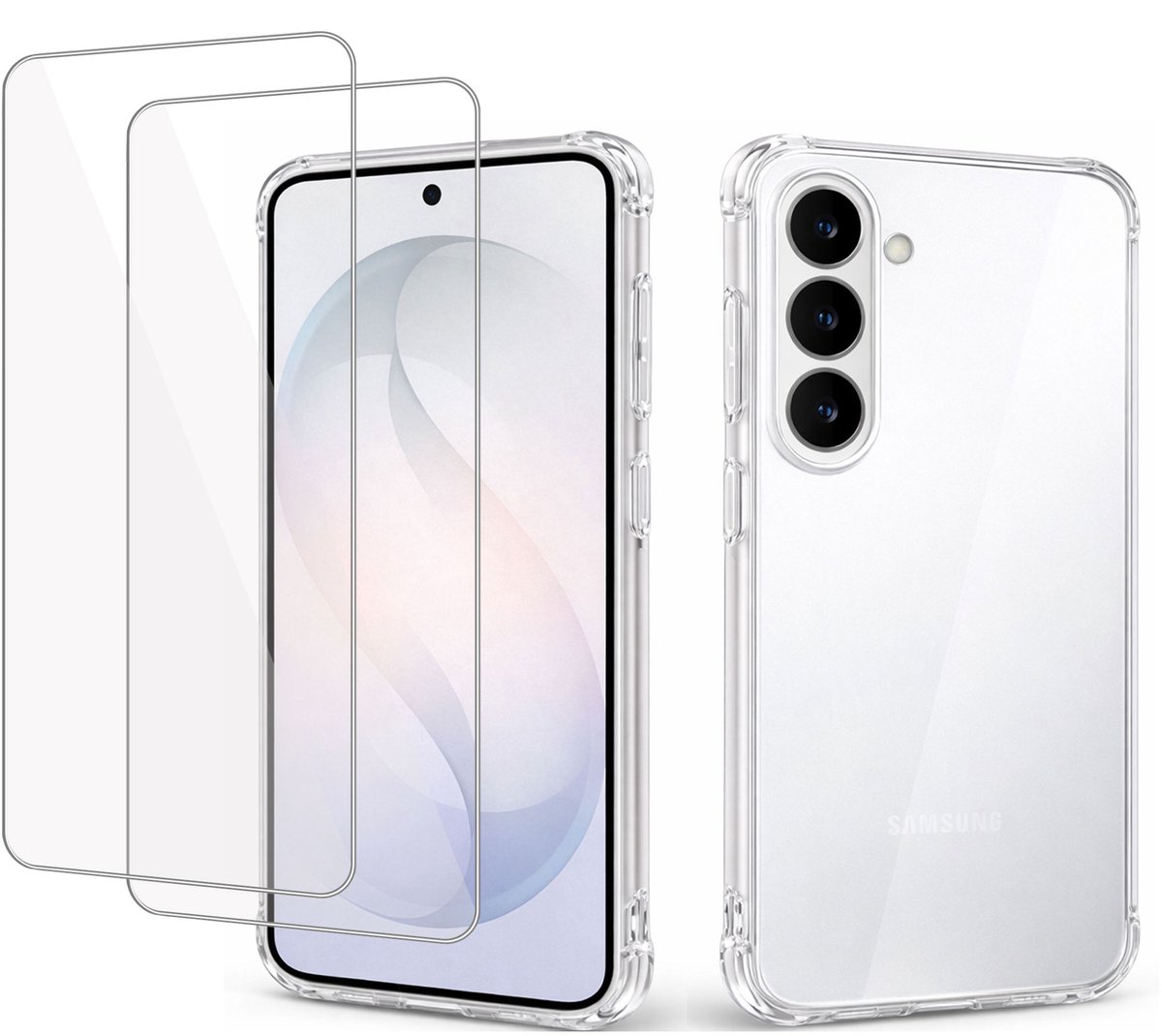 Hoesje + 2x screenprotector geschikt voor Samsung Galaxy S26 FE - Luchtkussens - Siliconen Hoes - Gehard Glas - Transparant - geschikt voor Samsung Galaxy S26 FE