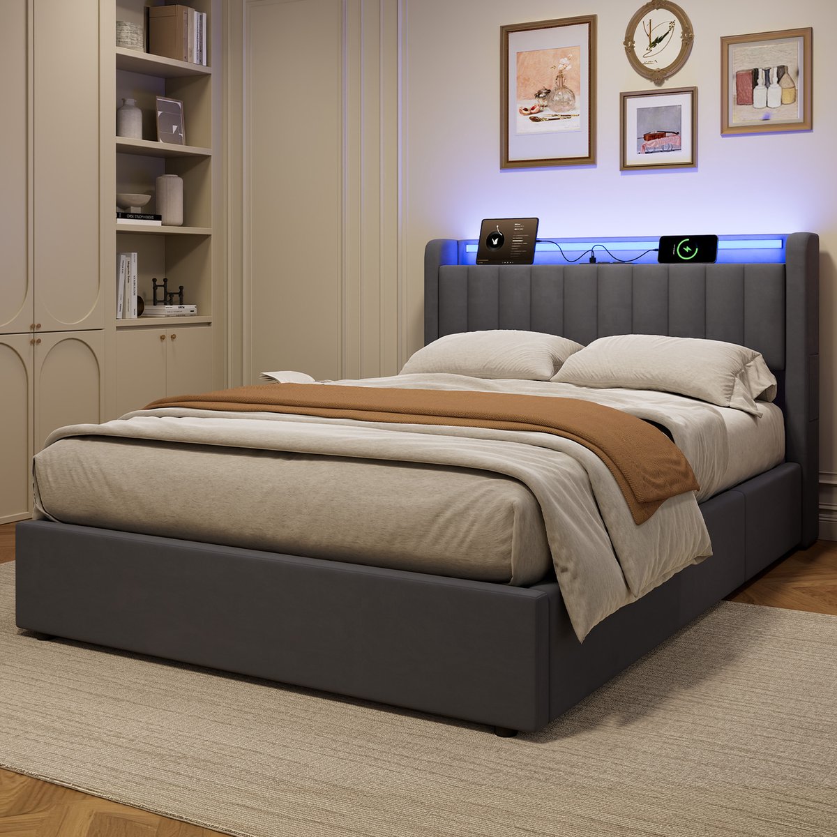 STILVORA Bedframe Opbergruimte - 140 x 190 cm - Fluweel, Metaal en Hout - Donkergrijs - Met USB en LED Verlichting Voor Slaapkamer