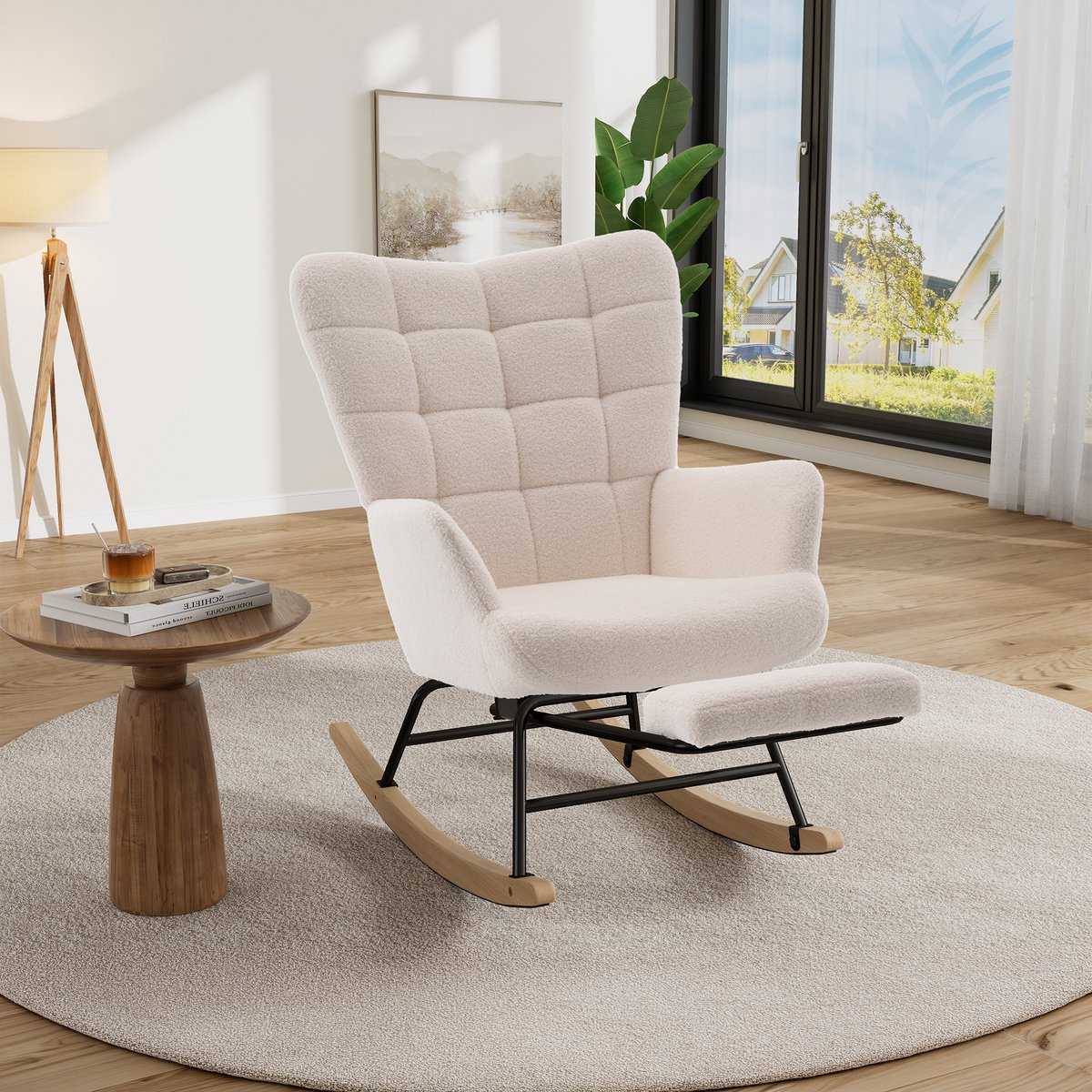 STILVORA Schommelstoel Comfortabel – 91 x 61 x 88 cm – Lamswol en Metaal met Hout – Beige – Met Voetensteun voor Lezen en Ontspannen