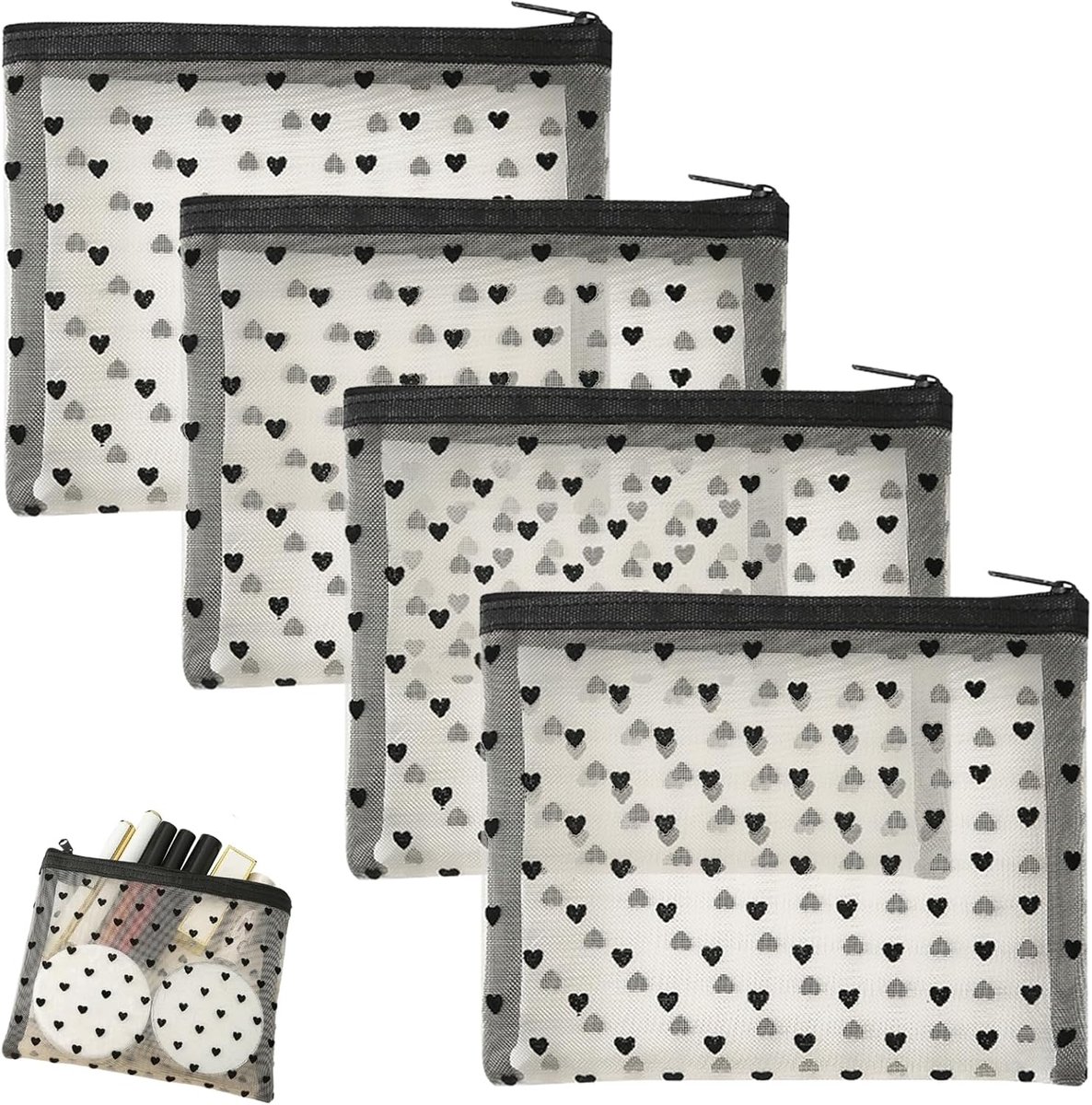 4 kleine cosmetische tassen, hartvormige mini transparante make-up tas met rits, vrouwelijke mesh kleine make-up tas, cosmetische toiletartikelen en tas voor vakantie reizen