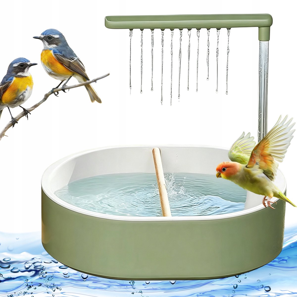 Vogelbad Automatisch - Vogeldouche Elektrisch - Bird Bath met Waterpomp - Badkuip met Douche - Automatische Circulatie - 31,8x28x25 cm - Vogelbadfontein - Voor Papegaaien & Siervogels - Groen