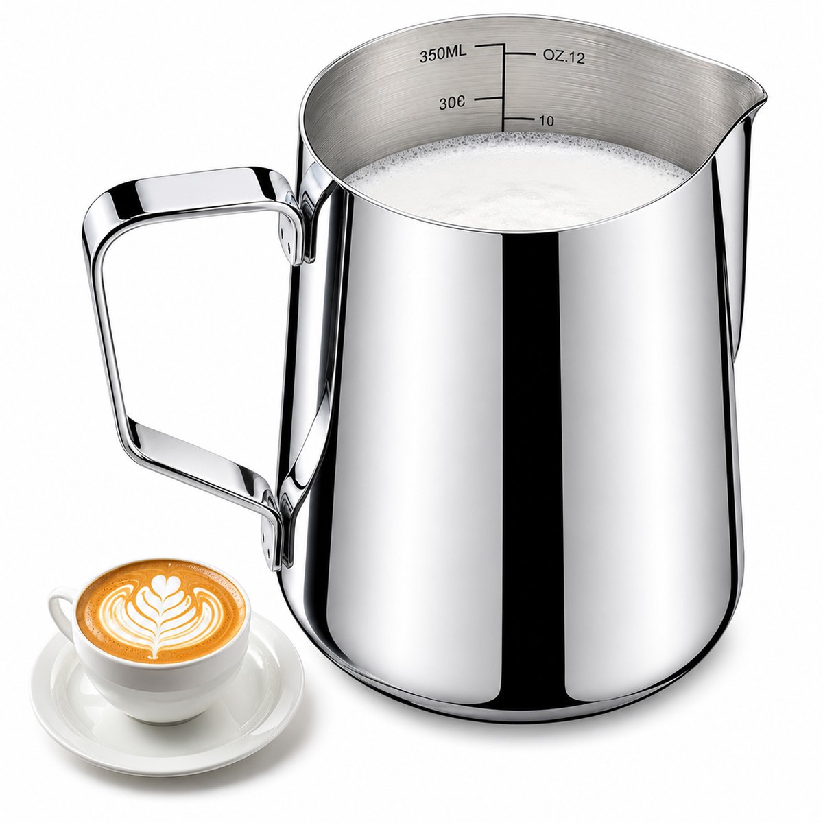 Kaiyaya - 1 stuk Melkopschuimkan - 350 ml RVS 304 - Met schenktuit - Zilver Barista kan voor latte art - Vaatwasserbestendig
