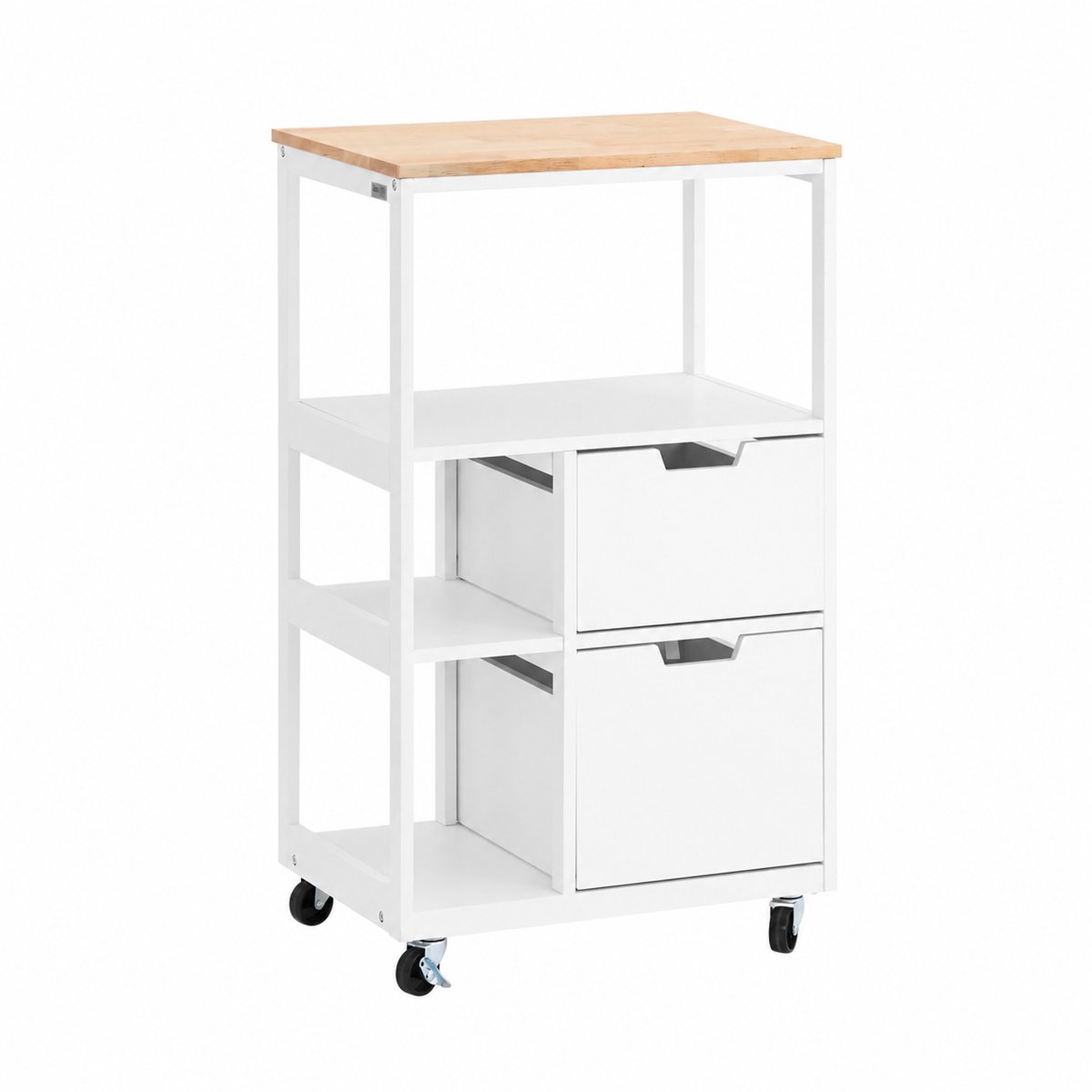 Molhaus Keukentrolley op Wielen - 53 x 37 x 89 cm - Met Lade en Werkblad - 4 Wielen - Wit - Houtlook - Compact - Extra opbergruimte