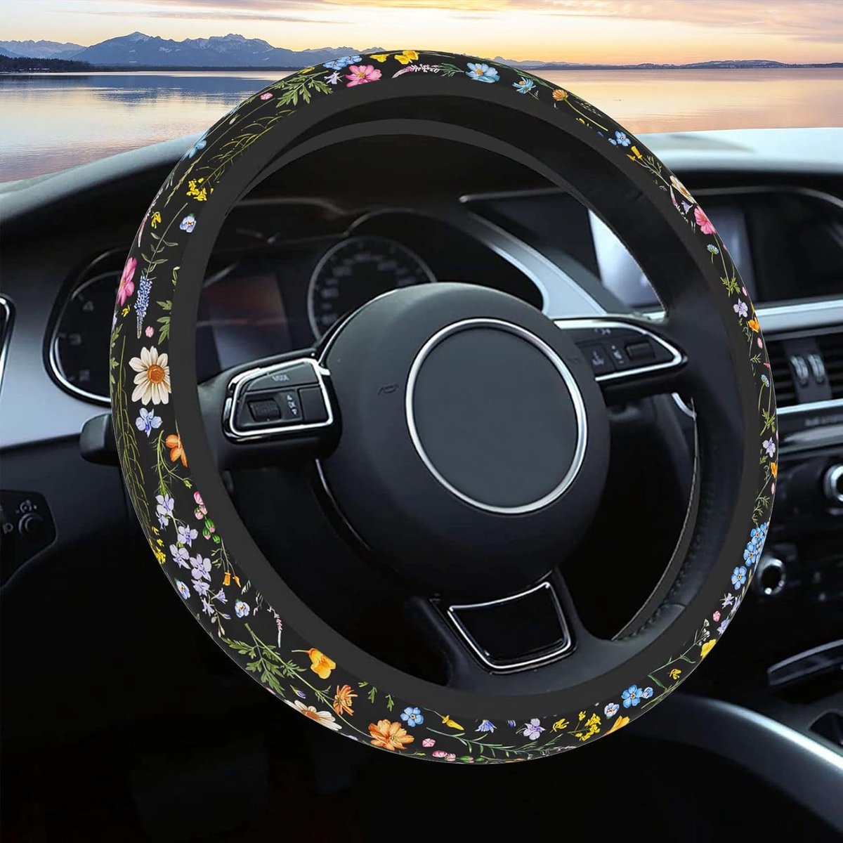 Auto stuurhoes, ademend antislip en warm - Zonder Binnenring Kleurrijke stuurwielhoes met wilde bloemen