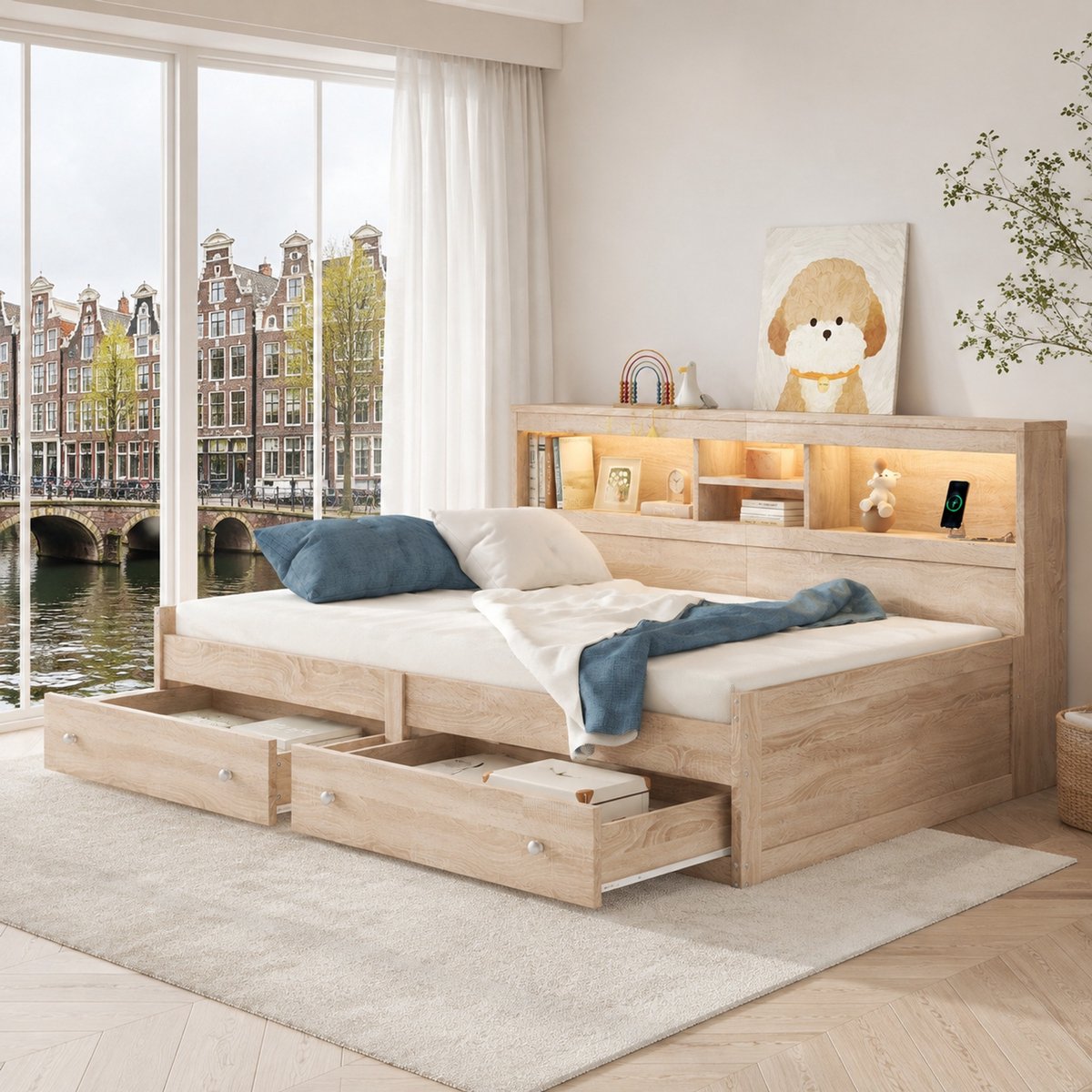 WUVRIE Daybett 90x200cm Tagesbett - Schlafsfa met USB en LED omgevinglicht, Nachtkastje, 2 lades, lattenrost Natural