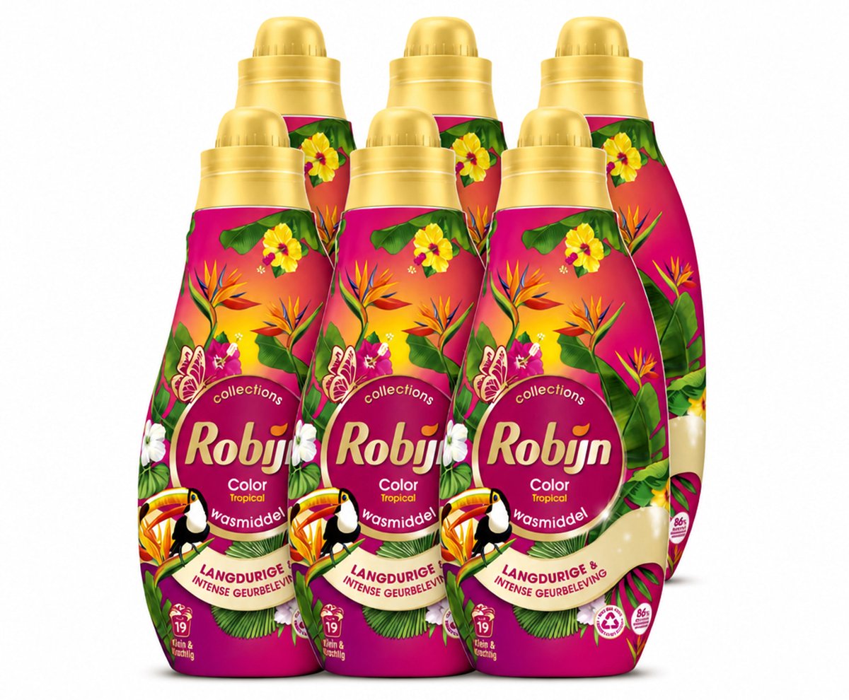 6 x Robijn - Klein & Krachtig Color Tropical - Wasmiddel - 19 Wasbeurten - 665 ml - Voordeelverpakking - 6 stuks
