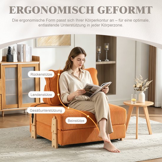 Vrouw leest een boek op een oranje corduroy slaapfauteuil. Tekst: 'Ergonomisch gevormd'.