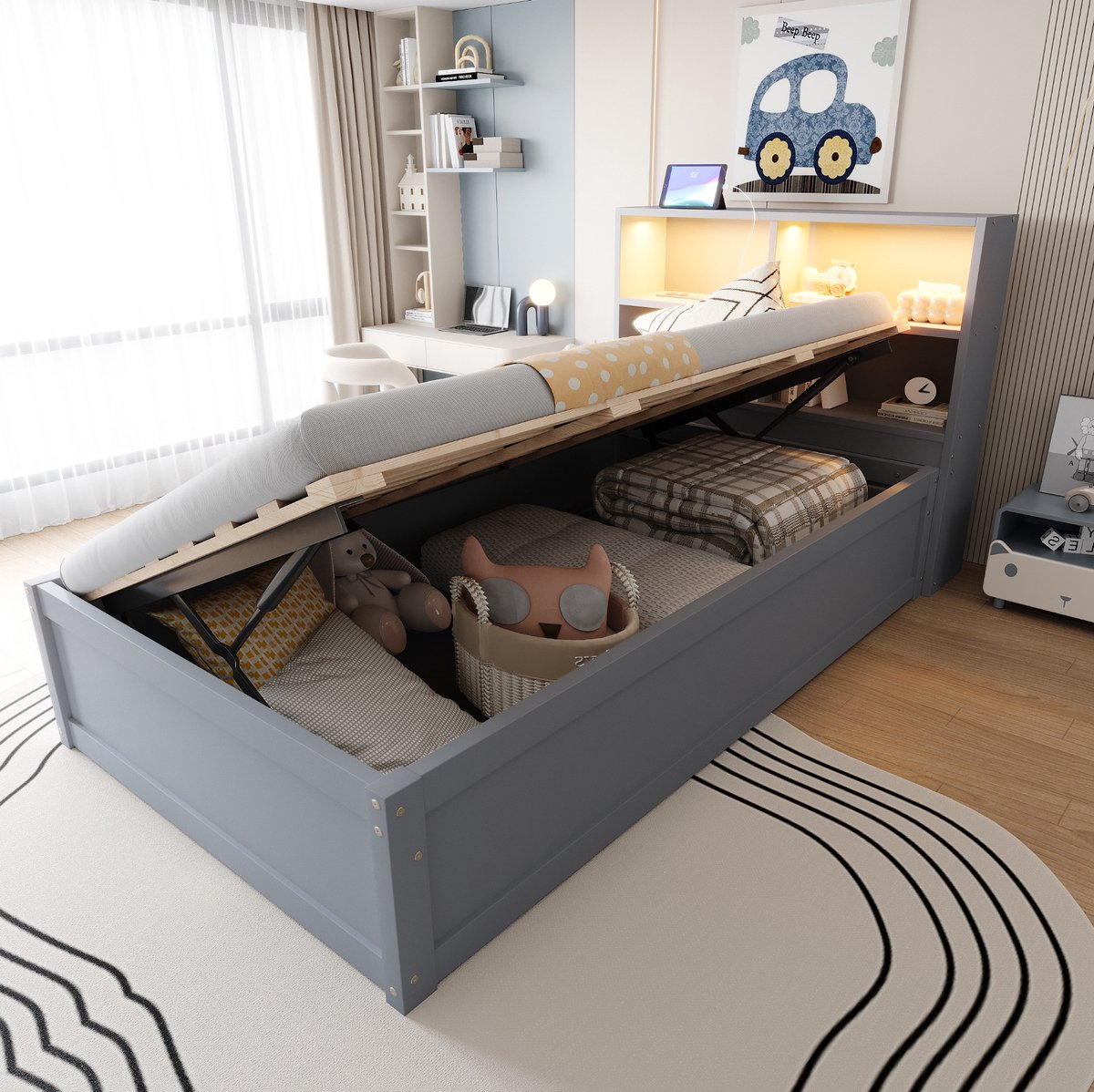 COVREO Slaapbank met 4 vakken en stekkerdoos – 90x200 cm – Eenpersoonsbed met LED-strip – bed voor gasten – Grijs - zonder matras