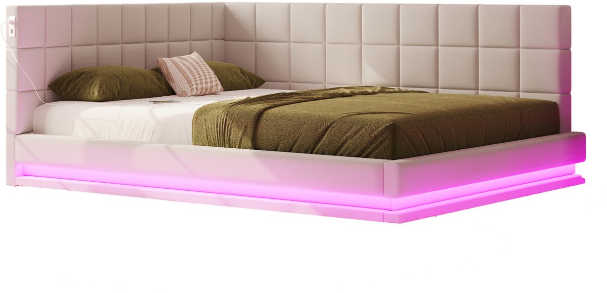 COVREO Slaapbank met LED en USB – 160x200 cm – Bedbank met lattenbodem – voor slaapkamer – Beige - zonder matras
