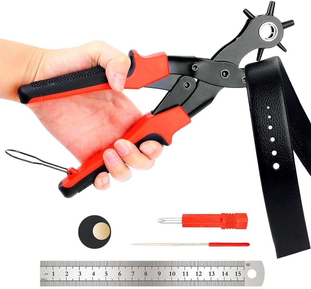 Gatjes maken voor leren riemen, 6 gaten met 2 basisplaten, riem perforator met hefboom voor precisie