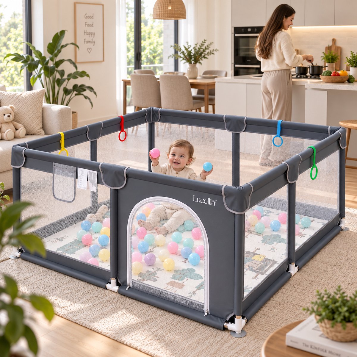 Lucellia® Grondbox Baby - Speelbox & Kruipbox - Inclusief Speelmat & 30 Ballen - Draagtas - Donkergrijs - 120x120x66 cm – foto 2