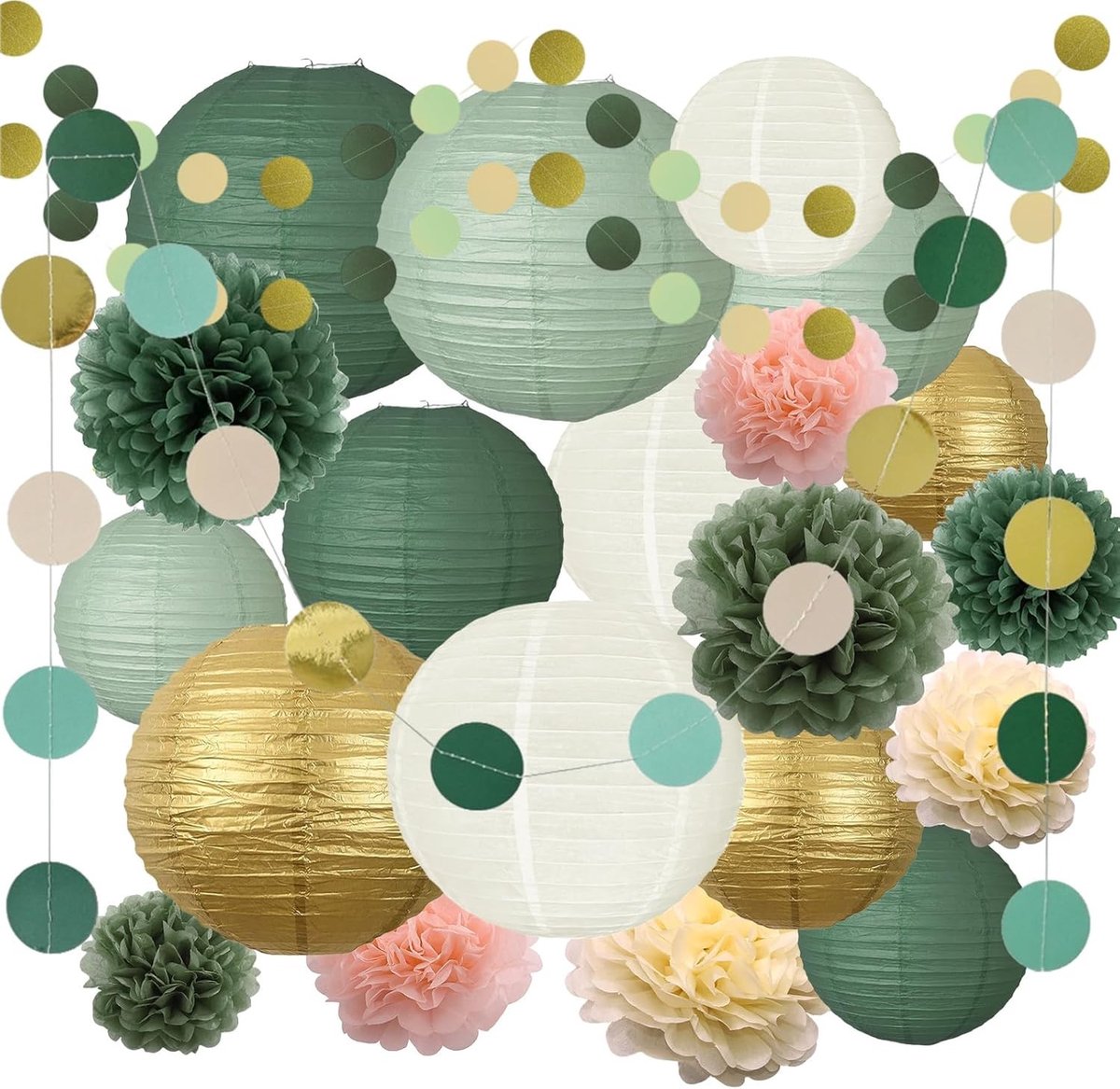 Set van 23 Papieren Lantaarns in Saliegroen en Goud, Perfect voor Feesten en Decoratie