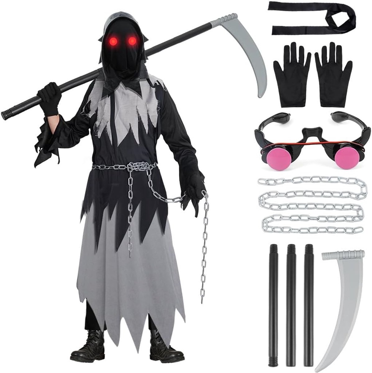 Angstige Halloween Doodsjurk met Bril en Skelethandschoenen voor Feestjes en Theateruitvoeringen, Perfect voor Griezelen en Verkleedpartijen