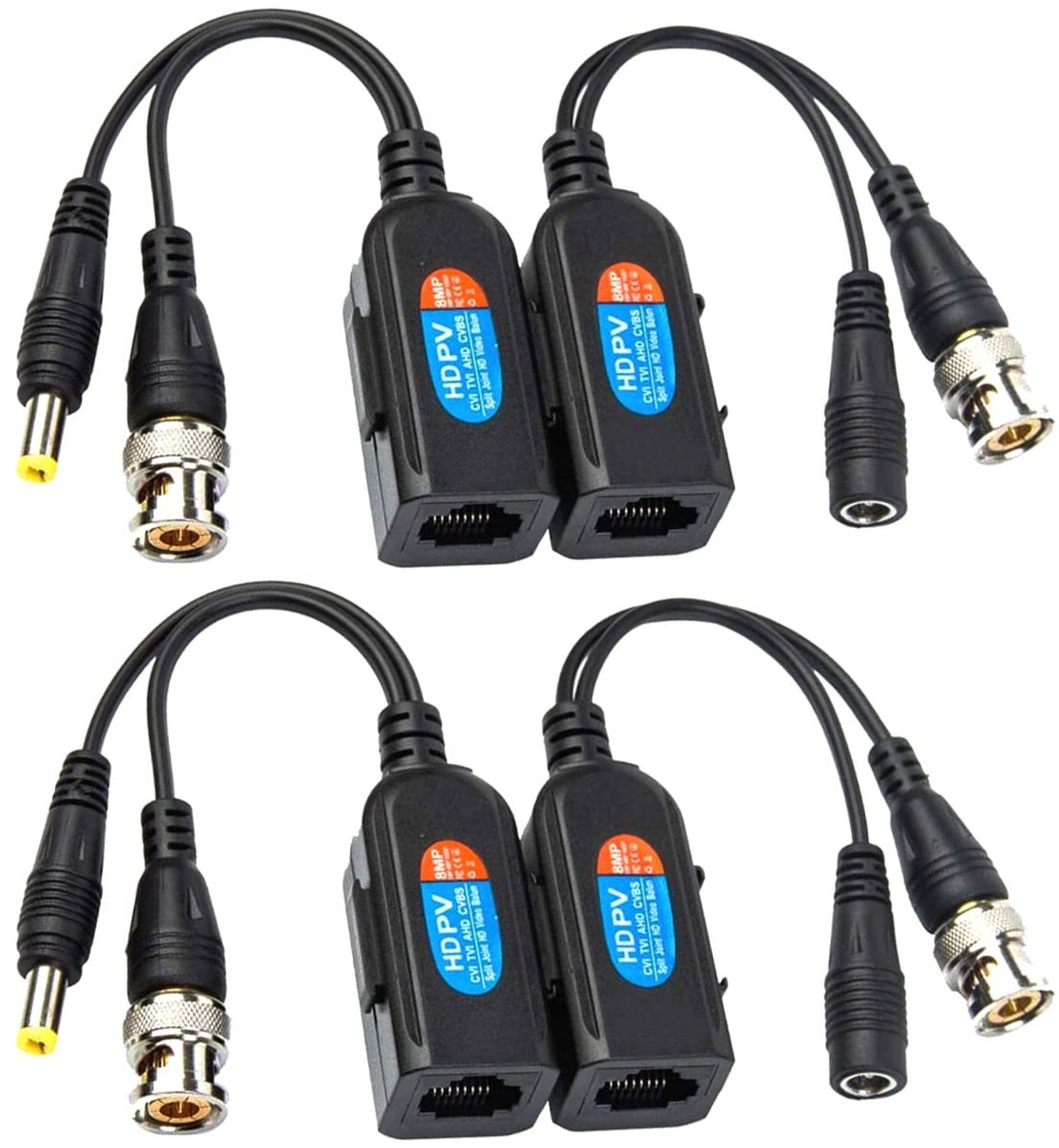 Video Balun Passief - 2 Paar RJ45 naar BNC - 1080P/3MP/4MP/5MP/8MP - UTP CAT5 - Tot 250 m/820ft - Eenvoudige installatie - Video Transceiver