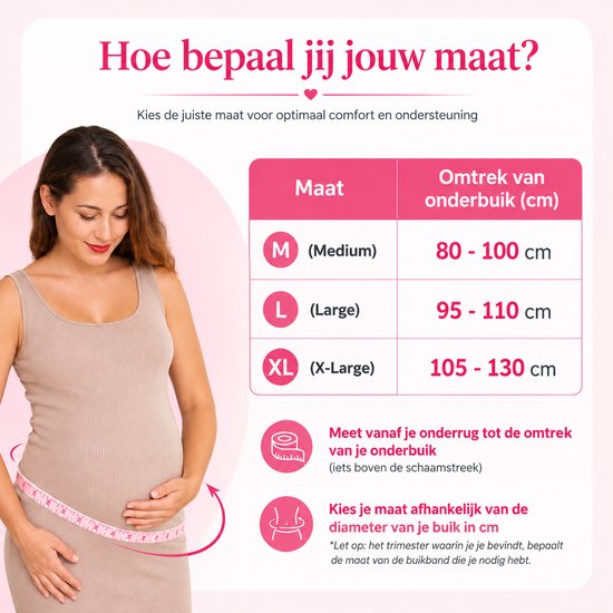 Maattabel voor zwangerschapsbuikband met afmetingen van 80 tot 130 cm voor maat M tot XL.